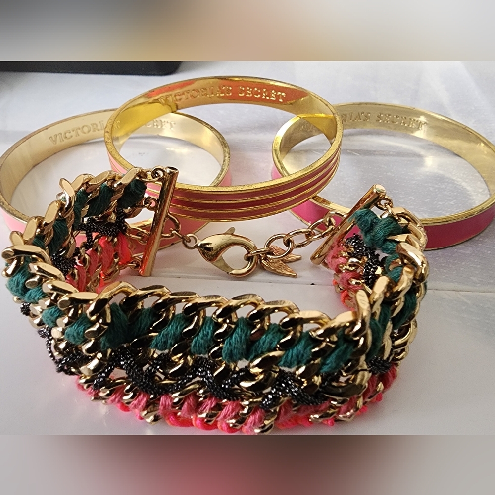 Victoria's Secret Gold and Pink Bracelet Trio & Pink Black Green  Link